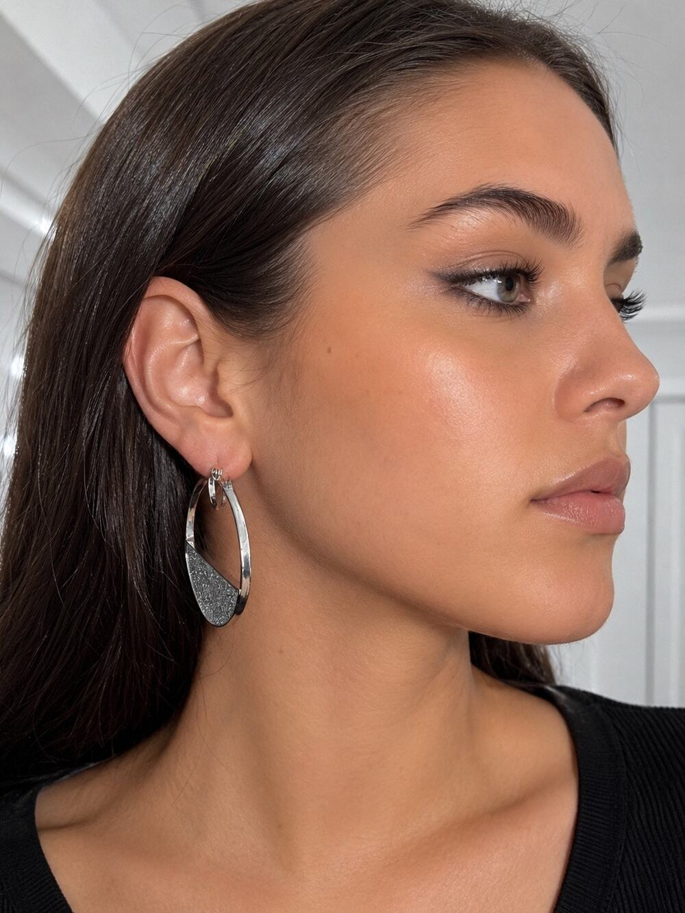 Silver Tone Glitter Half Moon Hoop Earrings Sparkle Statement